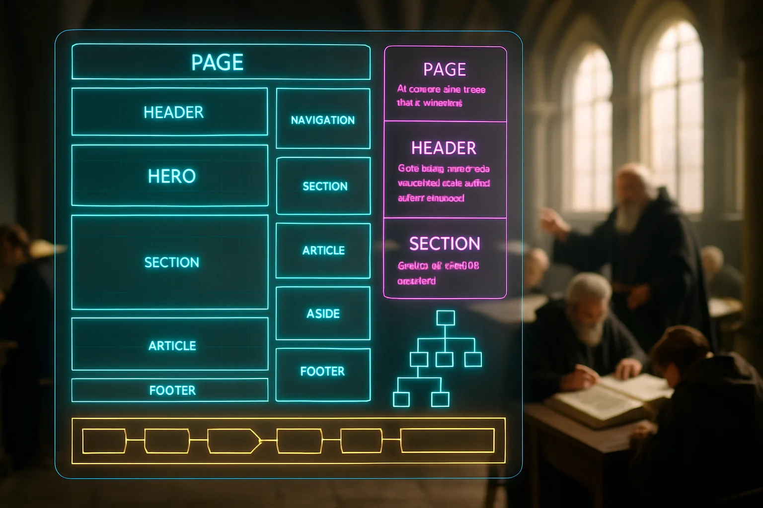 A neon holographic HUD showing annotated page layout wireframes and structural hierarchy panels, with a bright daylit medieval scriptorium and scholars at work visible softly behind.