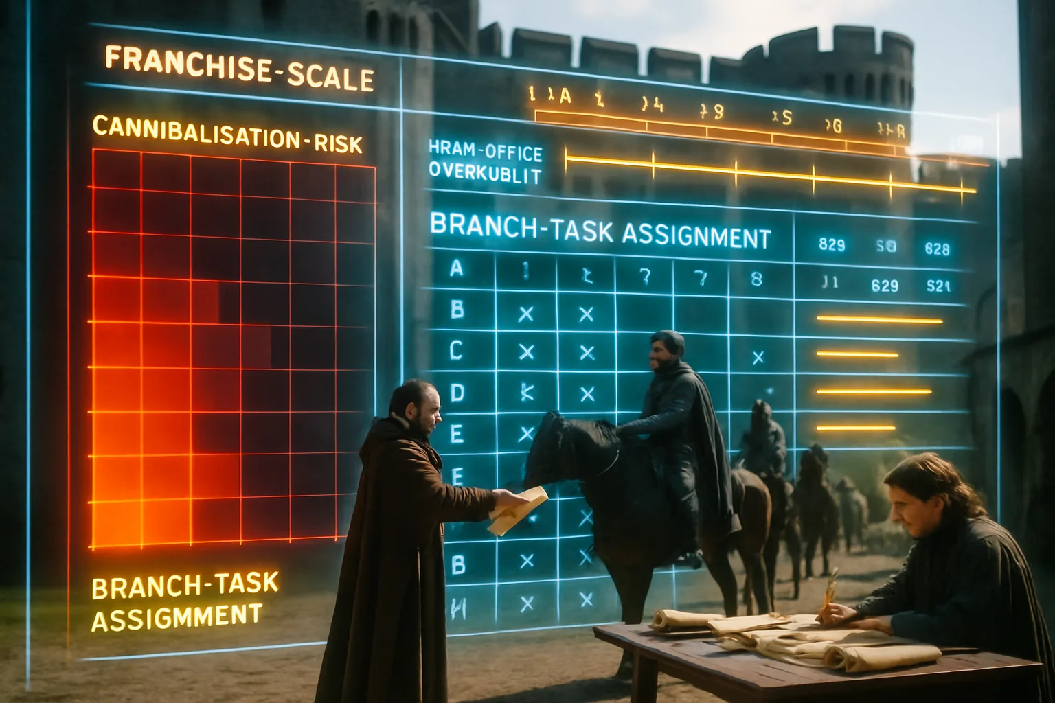 A red and amber gold neon HUD displaying a franchise SEO management matrix with cannibalisation risk scores and branch task assignments, with a bright medieval castle courtyard visible in the background.