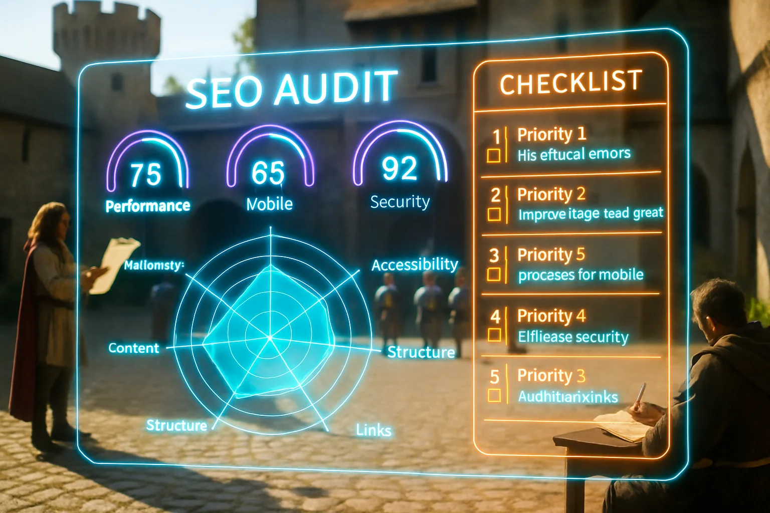 A vivid cyan and orange holographic audit criteria dashboard dominates the image, with a sunlit medieval castle courtyard and a herald addressing knights softly blurred behind the neon panels.