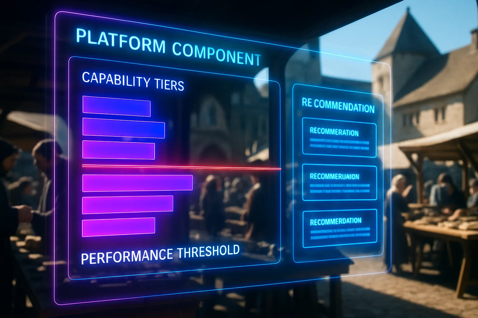 A magenta, violet and electric blue holographic platform ceiling analysis dashboard fills the frame, with a bright sunlit medieval market square and merchants comparing goods visible softly behind the neon screens.