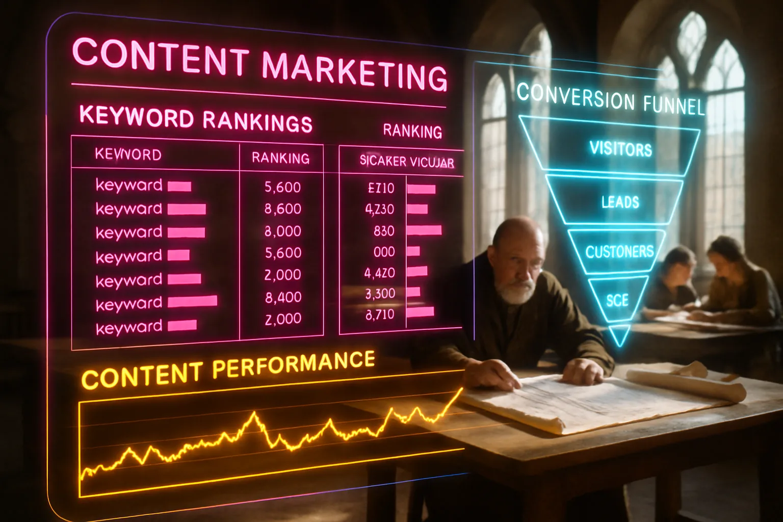 A neon holographic analytics dashboard glowing with pink, blue, and amber metrics illustrates property developer content marketing strategy, with a sunlit medieval guild hall visible behind the panels.