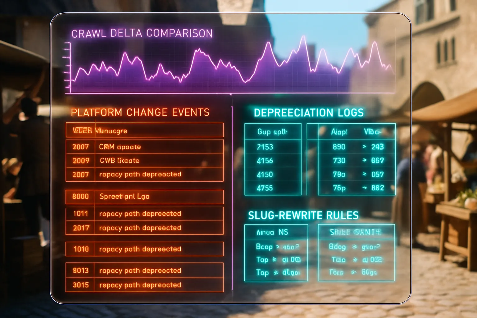 A neon holographic migration analytics dashboard in orange, cyan and purple fills the frame, with a bright sunlit medieval market square showing merchants reorganising stalls softly visible behind it.