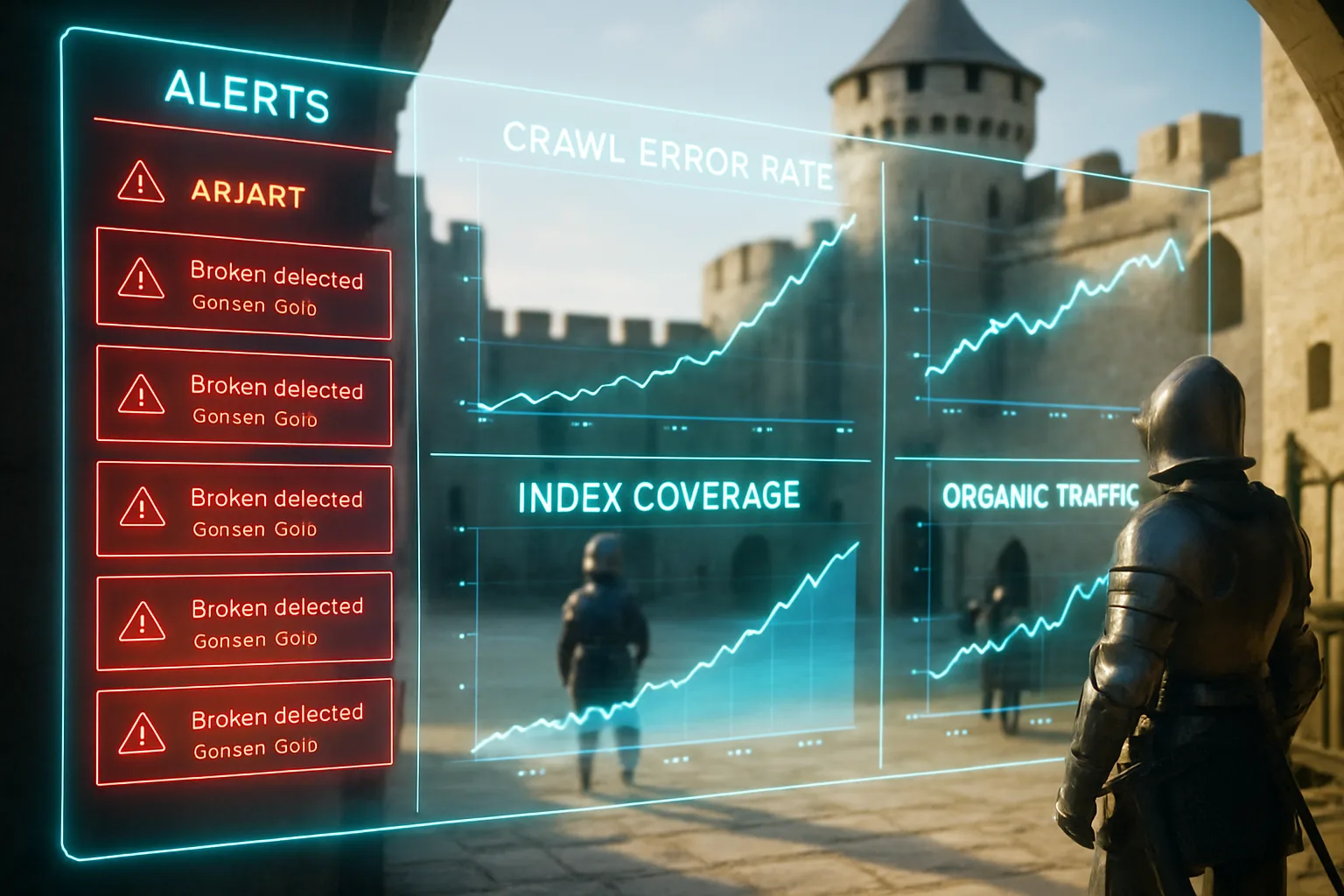 A neon holographic post-launch monitoring dashboard in red, electric blue and turquoise fills the frame, with a bright sunlit medieval castle courtyard where knights inspect the restored gates softly blurred behind it.