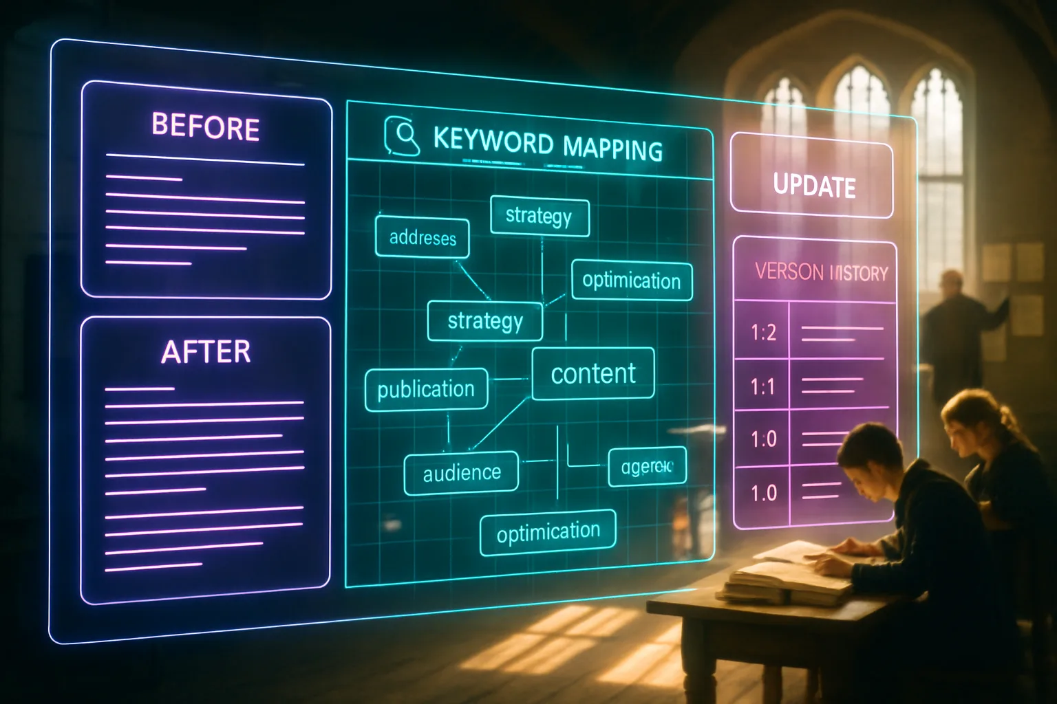 A neon holographic content-lifecycle dashboard glowing in violet, turquoise, and magenta fills the frame, with a bright sunlit medieval guild hall visible behind it where figures revise a large illustrated ledger.