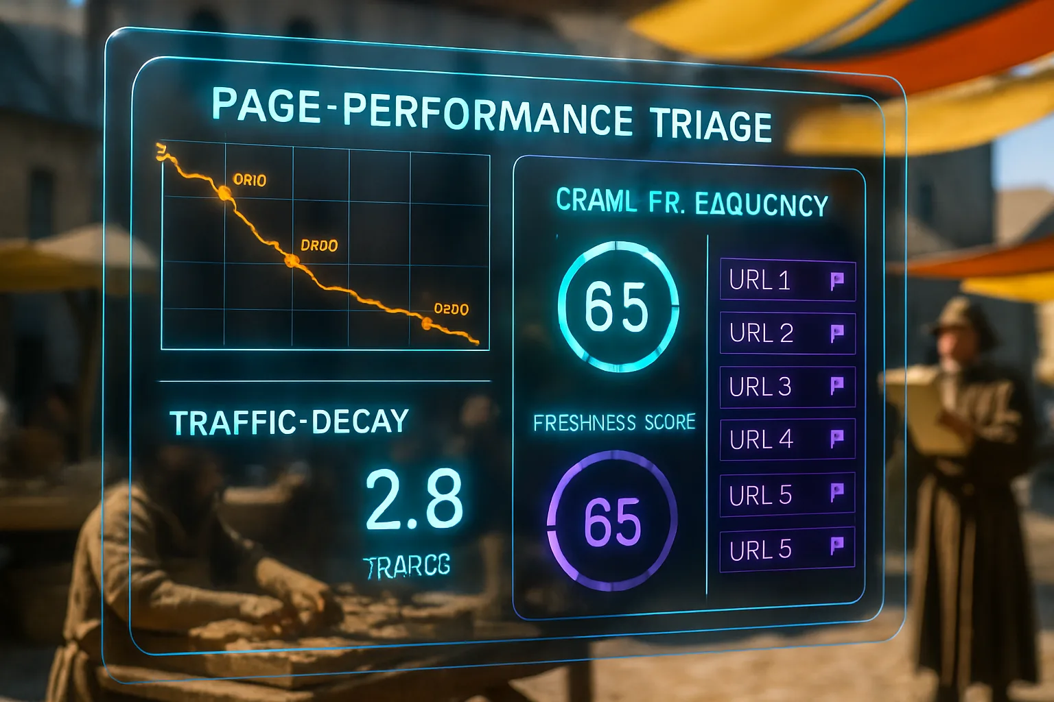 A neon holographic page-performance triage dashboard glowing in orange, cyan, and deep purple fills the frame, with a sunlit medieval market square visible behind it where a merchant sorts goods and a town crier reads from a scroll.