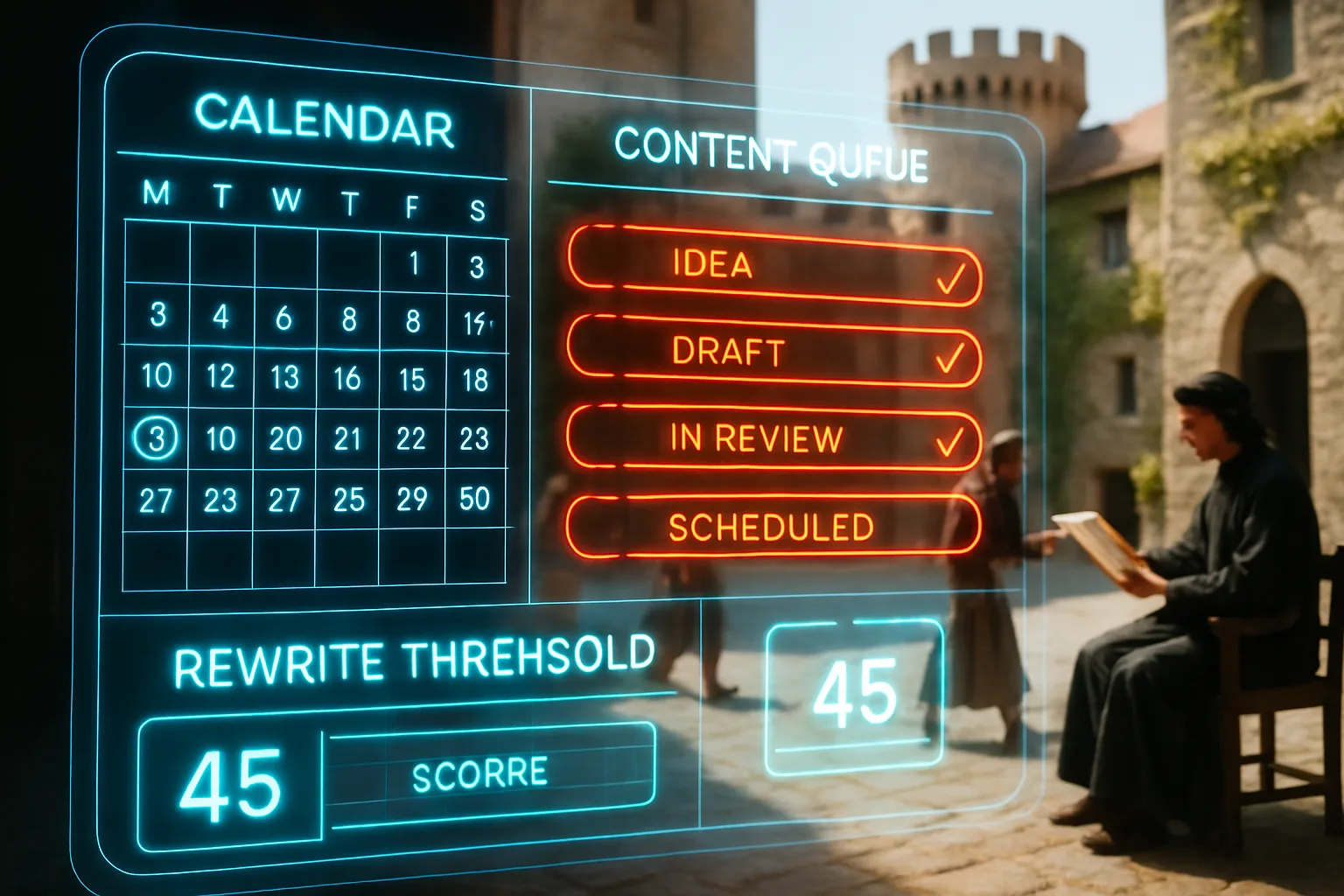 A neon holographic editorial workflow dashboard glowing in electric blue, red-orange, and turquoise fills the frame, with a bright sunlit medieval castle courtyard visible behind it where a scribe presents a scroll to an official.