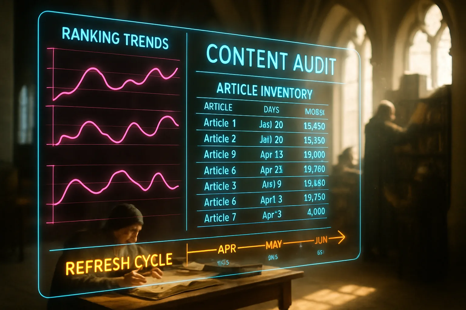 A neon holographic content audit dashboard glowing in hot pink, electric blue, and amber gold, with a sunlit medieval scriptorium visible behind it — representing the process of refreshing old content to recover and grow search rankings.