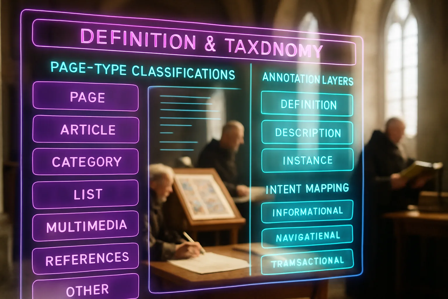 A neon violet and turquoise holographic dashboard filled with page-type classifications and intent-mapping tags glows in sharp focus while blurred behind it a medieval monk rules lines on parchment inside a brightly lit scriptorium.