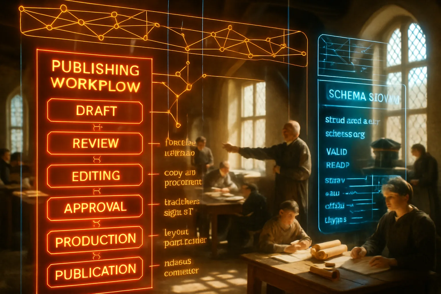 A neon red and amber gold holographic workflow pipeline dashboard with structured-data signal readouts glows sharply in focus while behind it a sunlit medieval guild hall shows craftsmen and apprentices moving manuscripts through an organised production line.