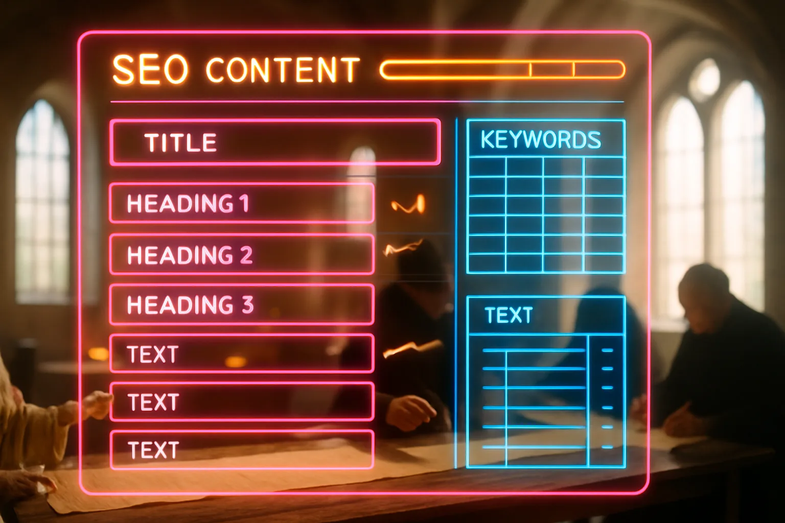 A neon holographic content planning dashboard glows in the foreground as a medieval scribe and advisor review structured parchment layouts in a sunlit great hall, illustrating how SEO content templates bring order and strategy to the page-building process.