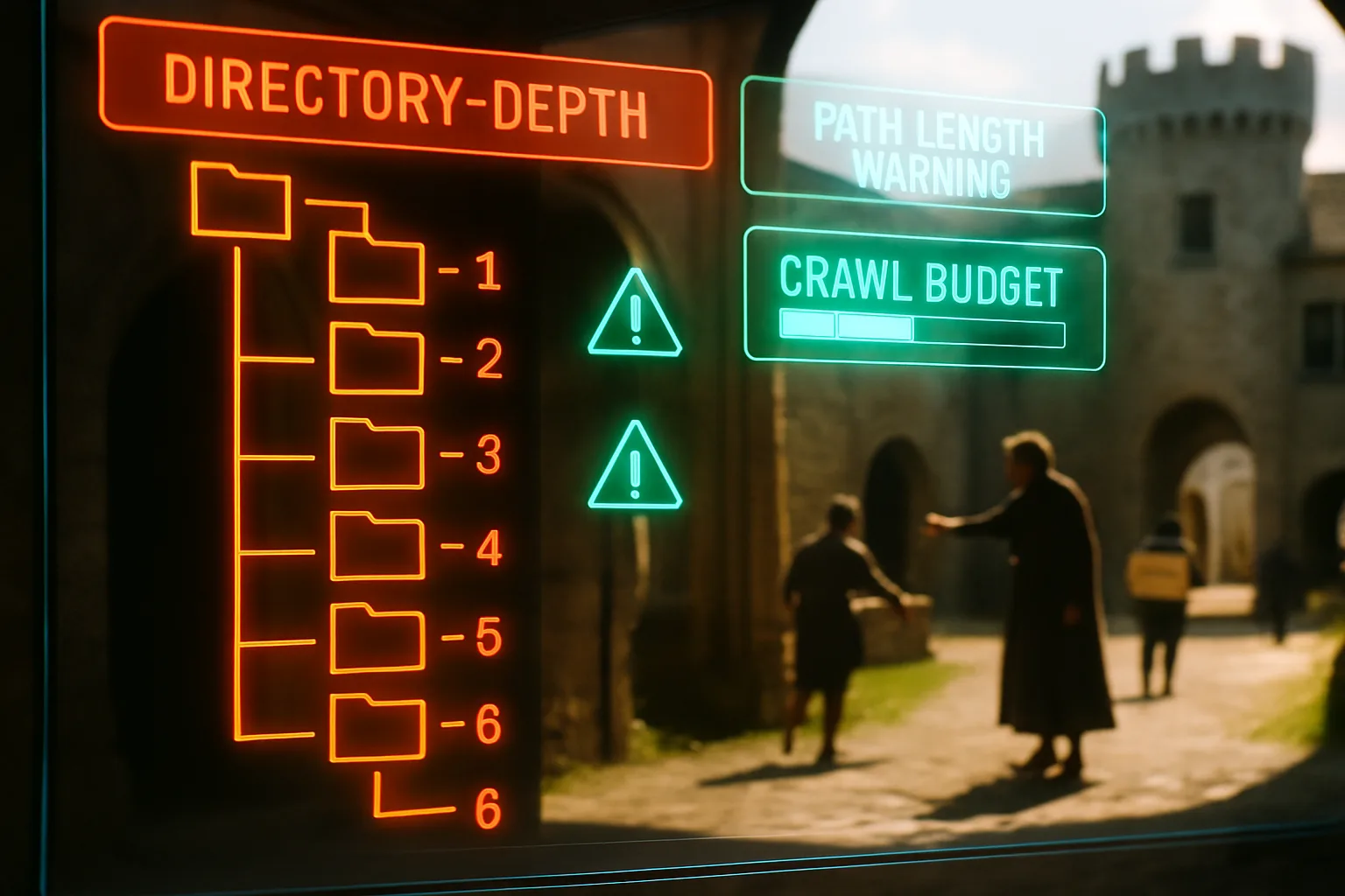 An orange and cyan neon holographic folder-depth dashboard glows across the frame showing directory hierarchy and crawl-budget meters, with a sunlit medieval castle courtyard and steward directing workers visible behind it.