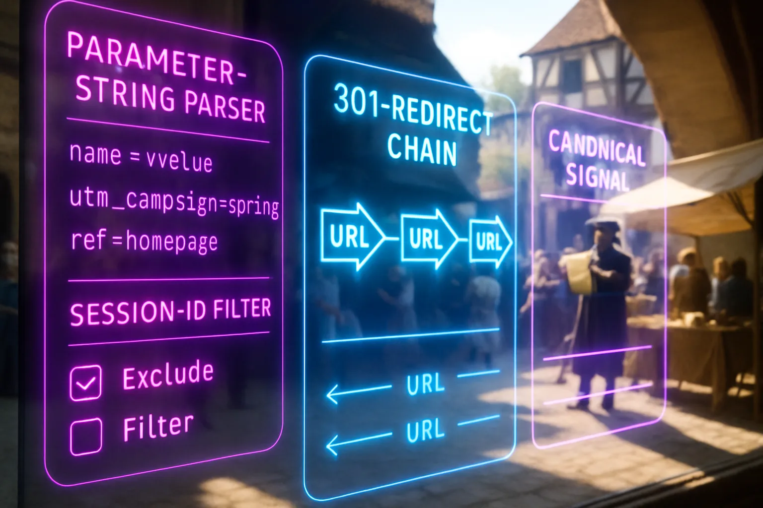 A magenta and electric blue neon holographic redirect and parameter-management dashboard fills the foreground, while a bright sunlit medieval market square with a town crier and rerouting merchants is softly visible behind it.