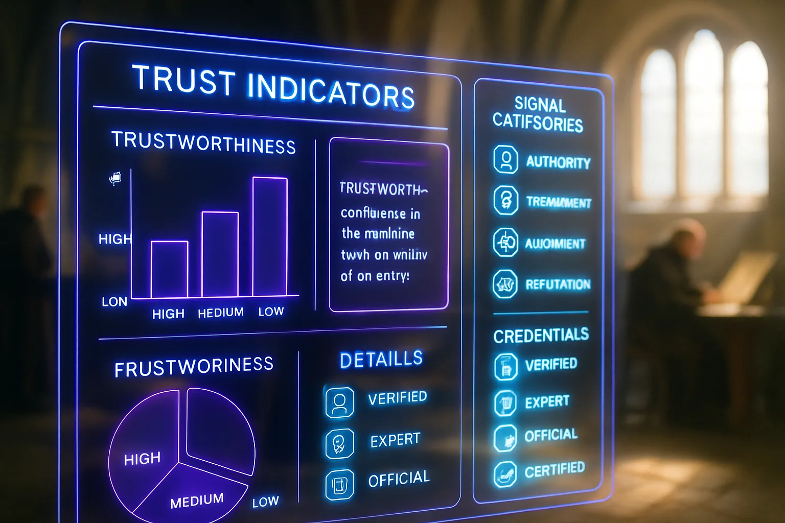 A violet and turquoise neon holographic dashboard showing trust-indicator charts and credential badges glows in front of a sun-drenched medieval scriptorium where monks work at illuminated manuscripts.
