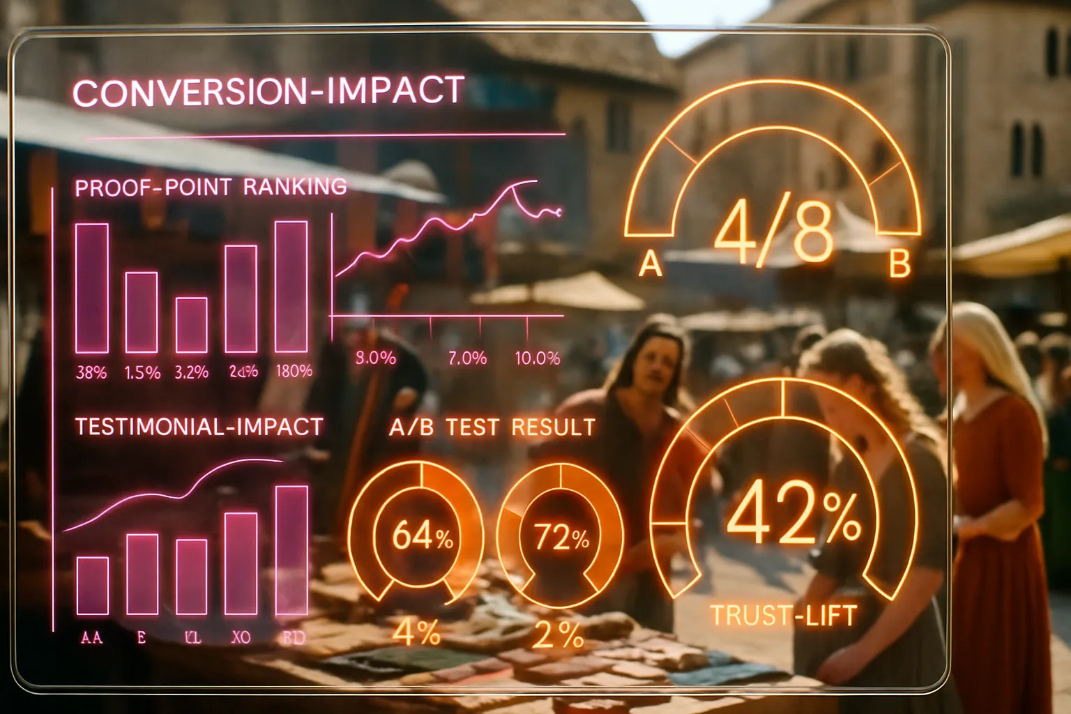 A magenta and orange neon holographic dashboard displaying conversion-impact graphs and trust-lift meters glows above a bright sun-filled medieval market square with vendors and customers at colourful stalls.