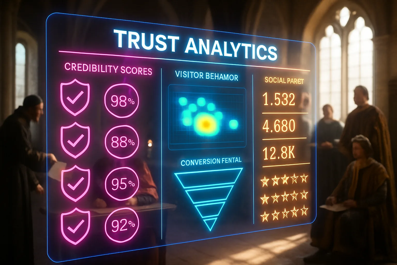 A neon holographic analytics dashboard displaying website trust signals glows over a softly blurred sunlit medieval great hall where a merchant presents a sealed document to a seated noble.