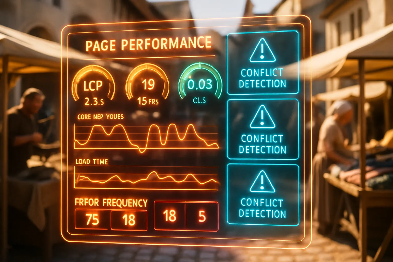 A neon holographic performance dashboard with orange load-time waveforms and cyan conflict alert panels dominates the frame, while a bright sunlit medieval market square with merchants and townsfolk glows softly behind it.