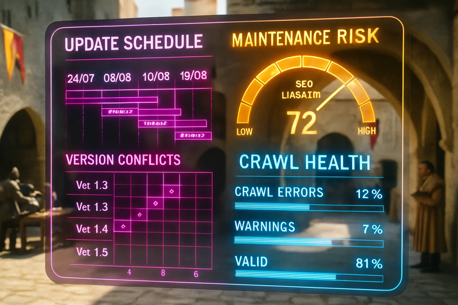 A neon holographic maintenance and update risk dashboard with magenta timelines and electric blue crawl health panels fills the frame, with a bright sunlit medieval castle courtyard and armoured knights softly visible behind it.
