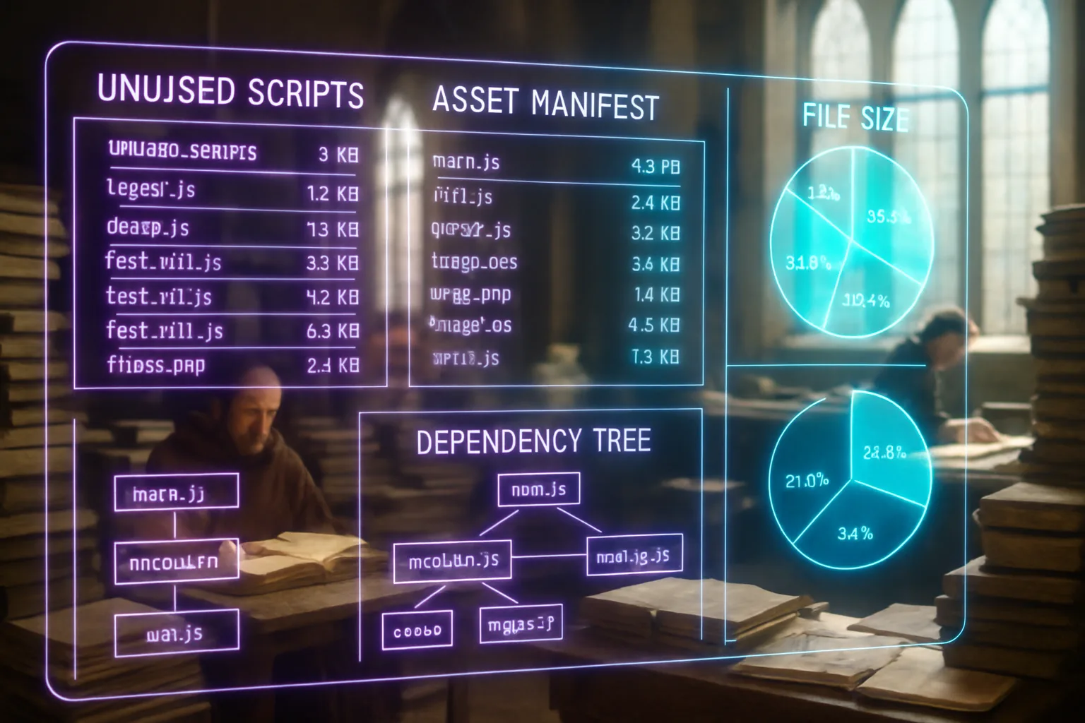 A neon violet and turquoise holographic code inventory HUD fills the frame in front of a bright sunlit medieval scriptorium where a monk is overwhelmed by towering unused manuscripts.