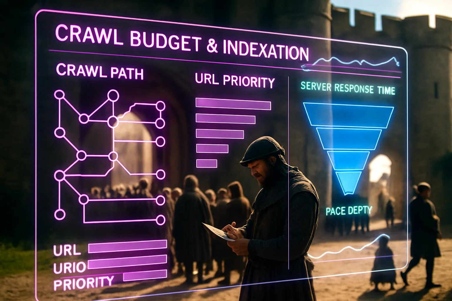 A neon magenta and electric blue crawl-budget analytics HUD fills the frame with Googlebot path maps and URL queues glowing vividly, while a bright sunlit medieval city gate in the background shows a gatekeeper slowly processing a long queue of travellers.