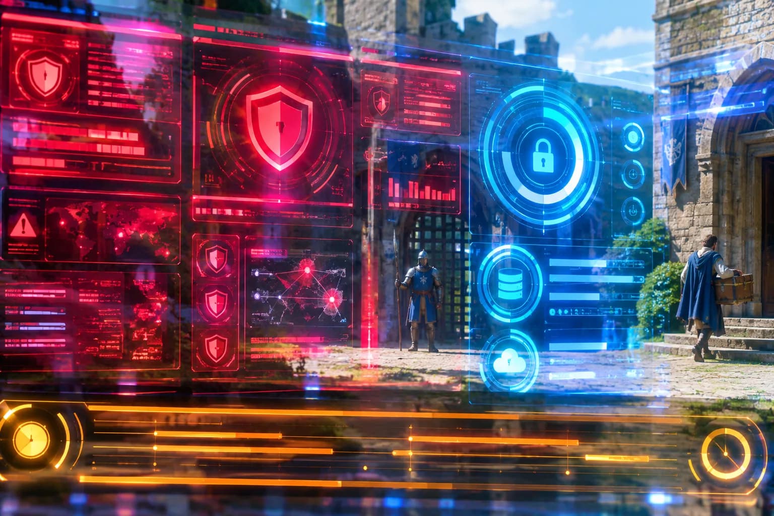 A red and electric blue neon holographic security dashboard with threat alerts and backup progress rings glows in the foreground, with a sunlit medieval castle courtyard and armoured guard visible behind it.